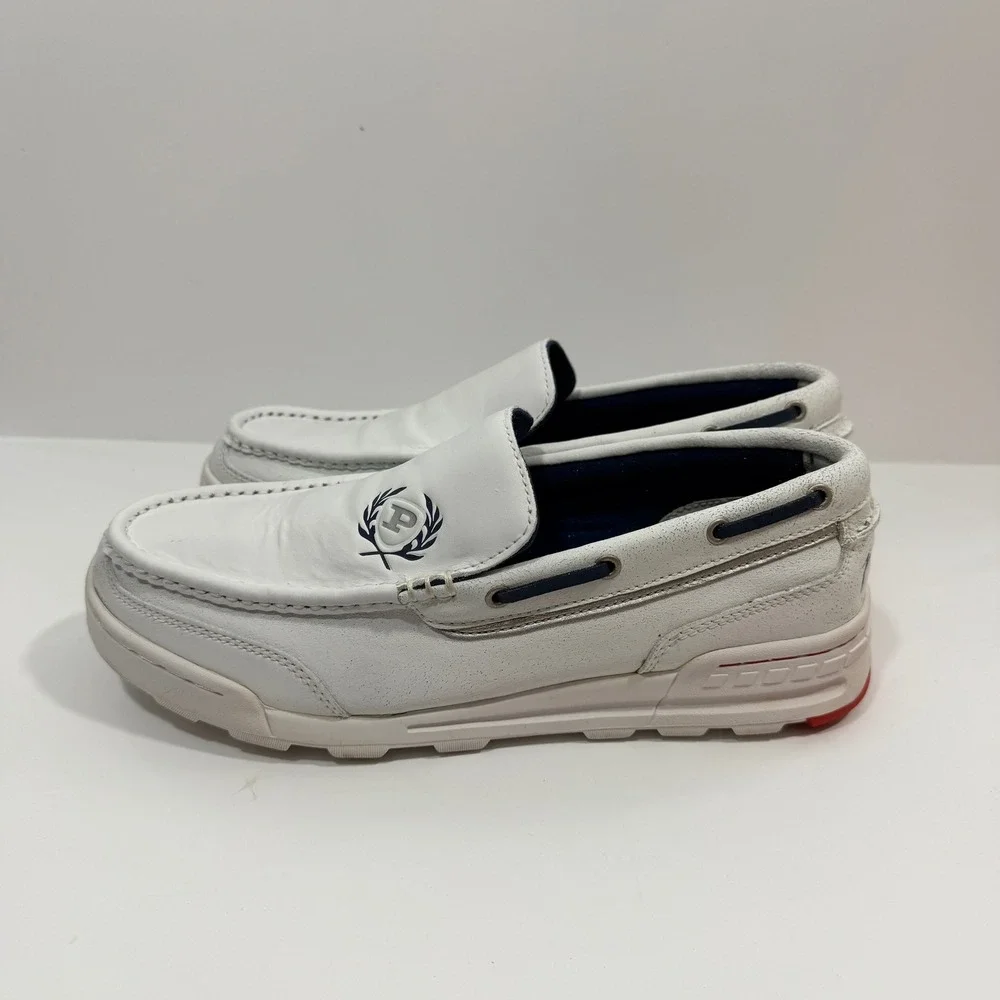Phat Farm Boat Shoes Mens 10 White Fair Slip On Moc Toe Crest Logo Casual